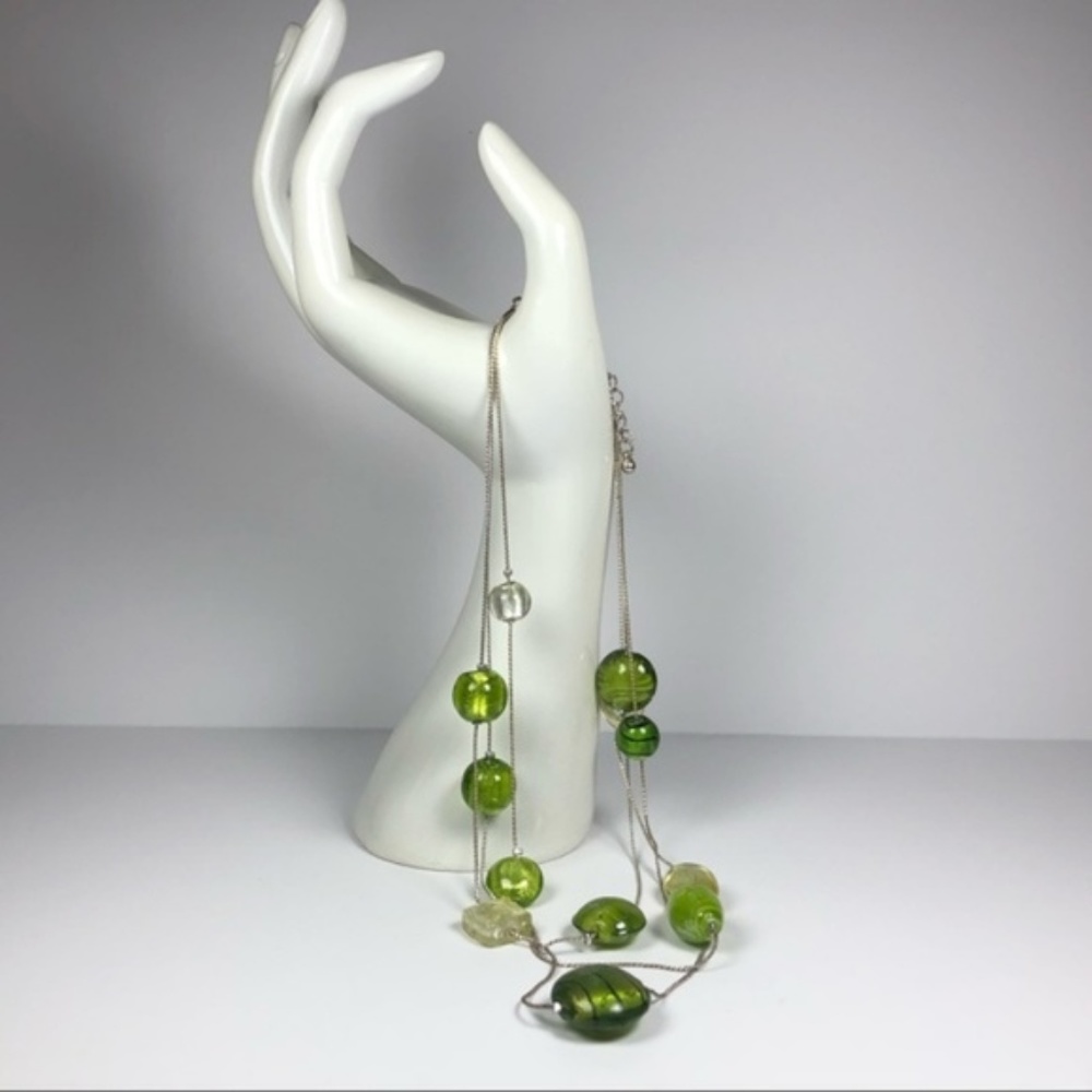 Green Glass Bead Multi Strand Necklace Silver Tone